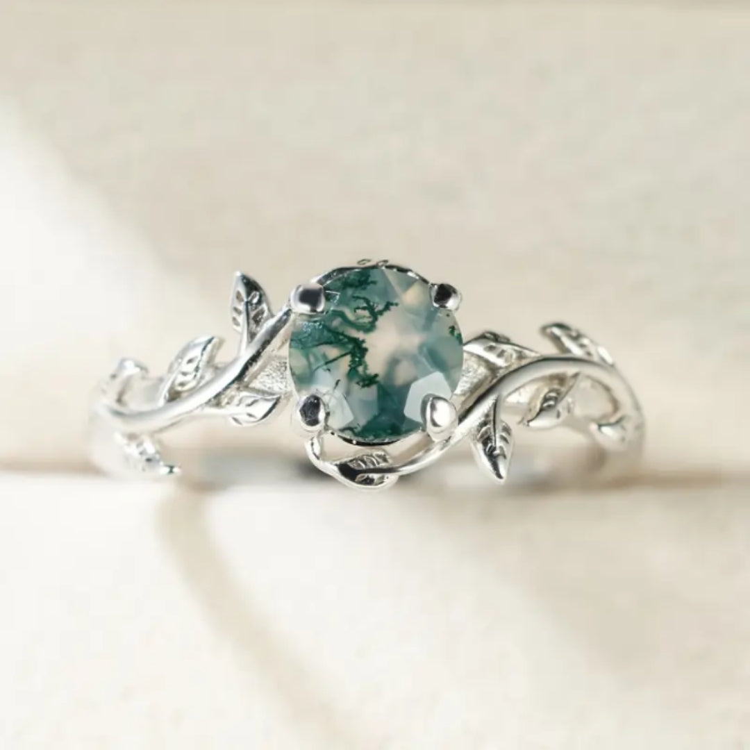 Green Rounded Nature Stone Silver Ring