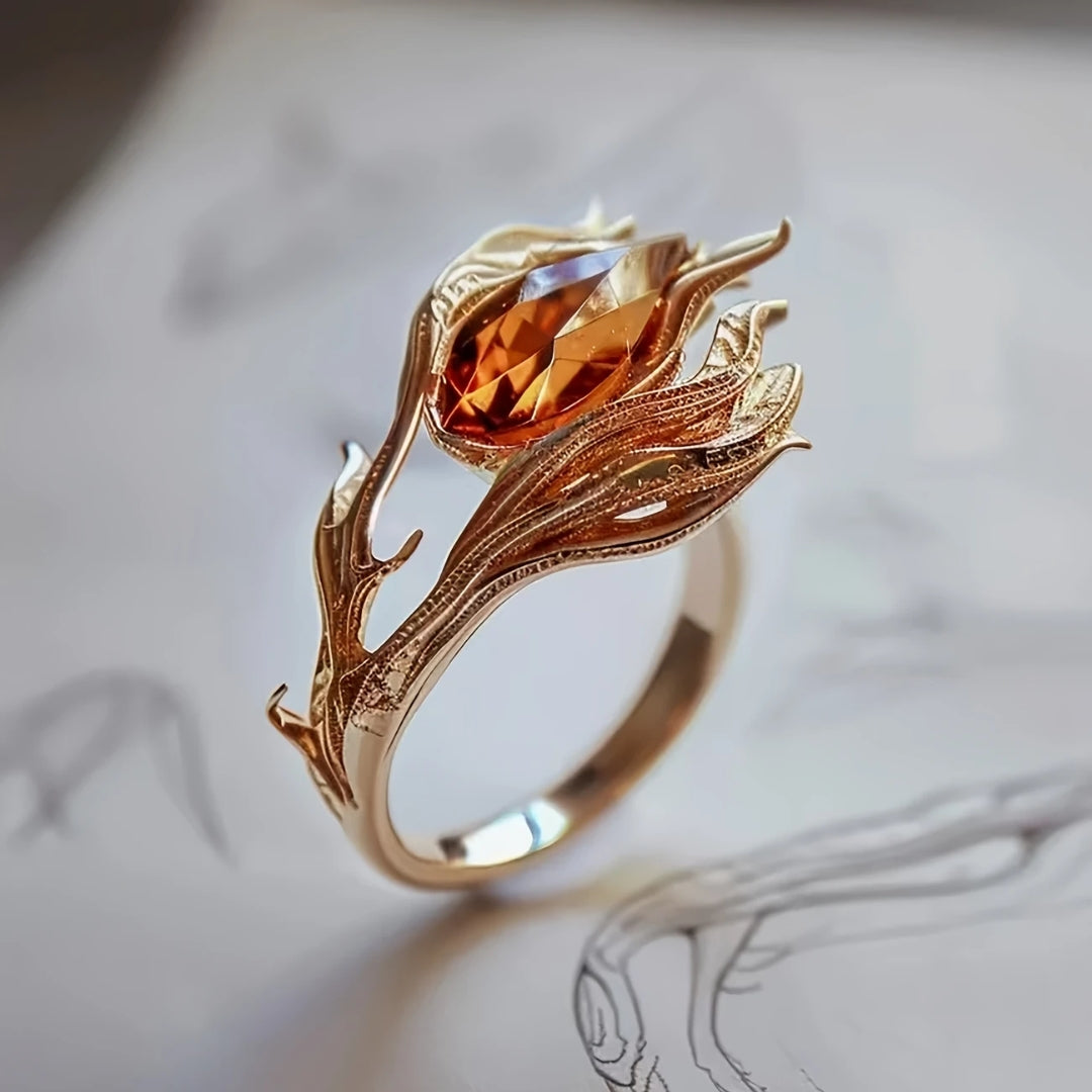 Golden Exotic Orange Crystal Ring