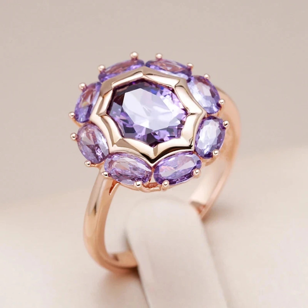 Rounded Violet Crystal Gold Ring