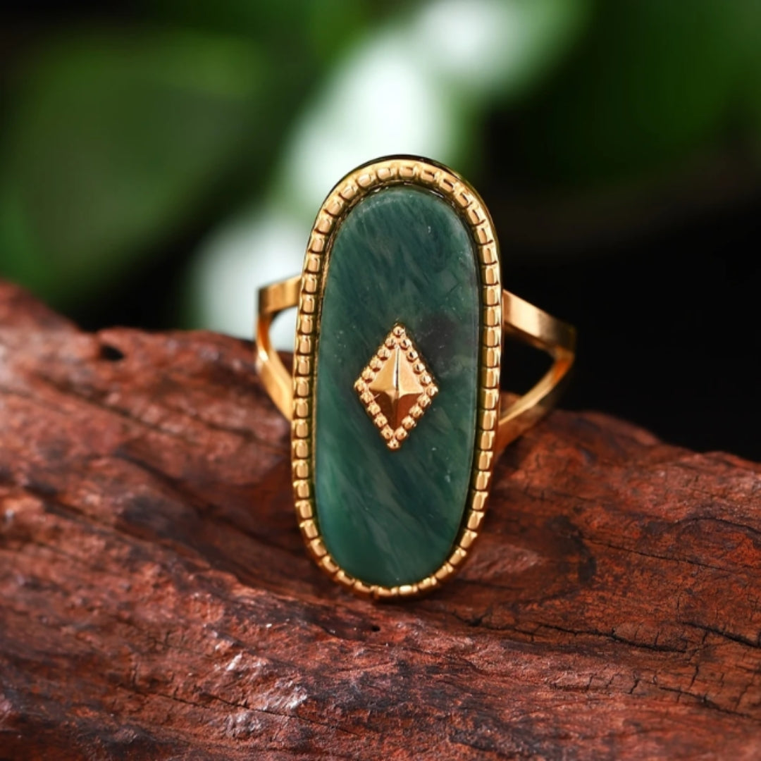 Green Stone Golden Signature Ring