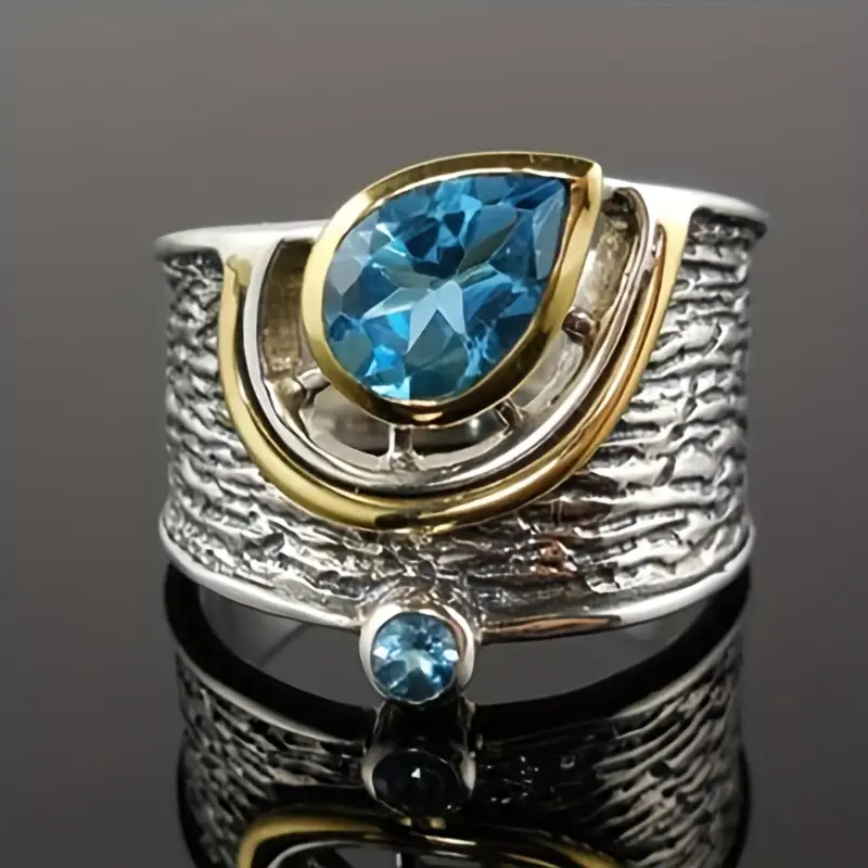 Vintage Blue Inlaid Drop Silver & Gold Ring