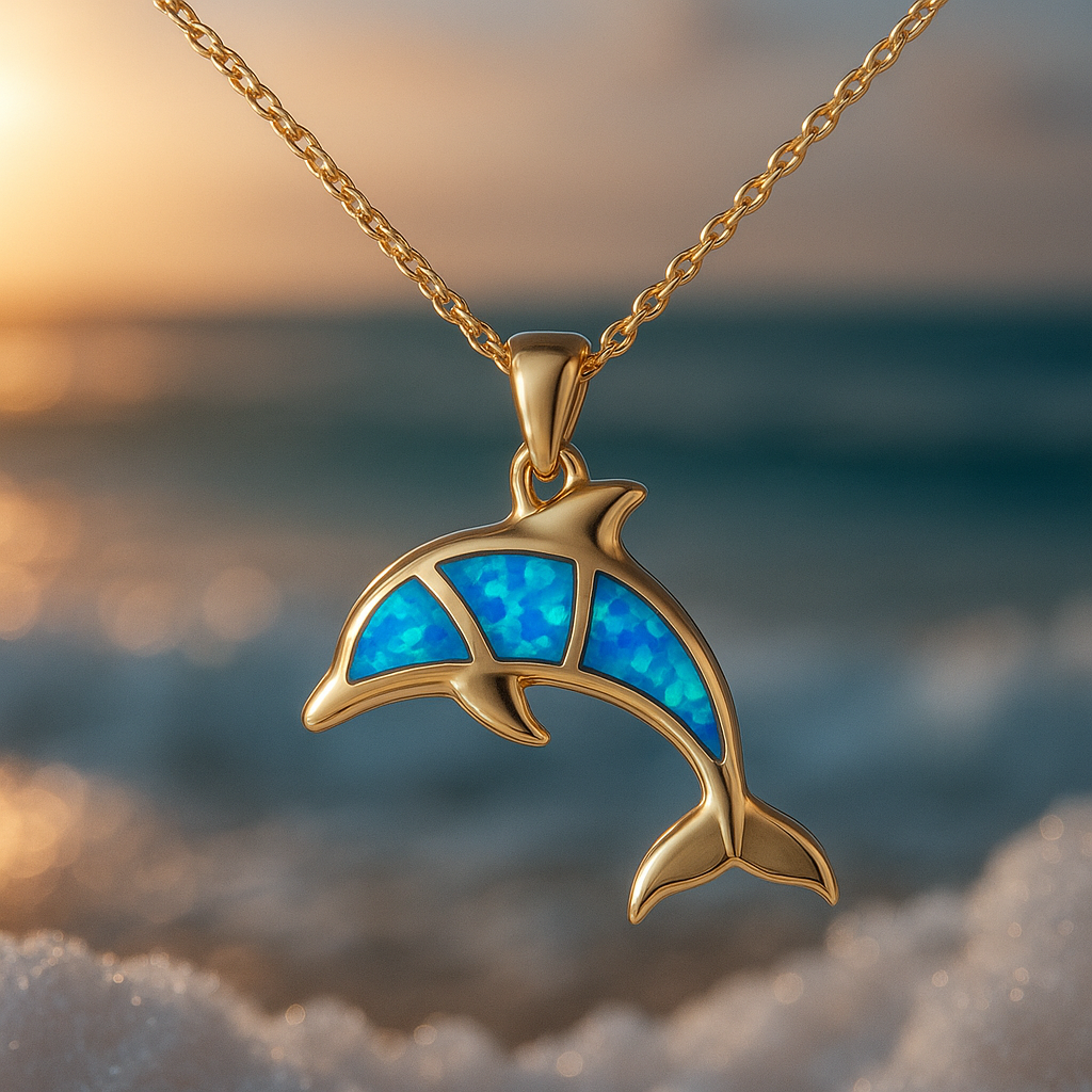 Golden Dolphin Blue Opal Necklace