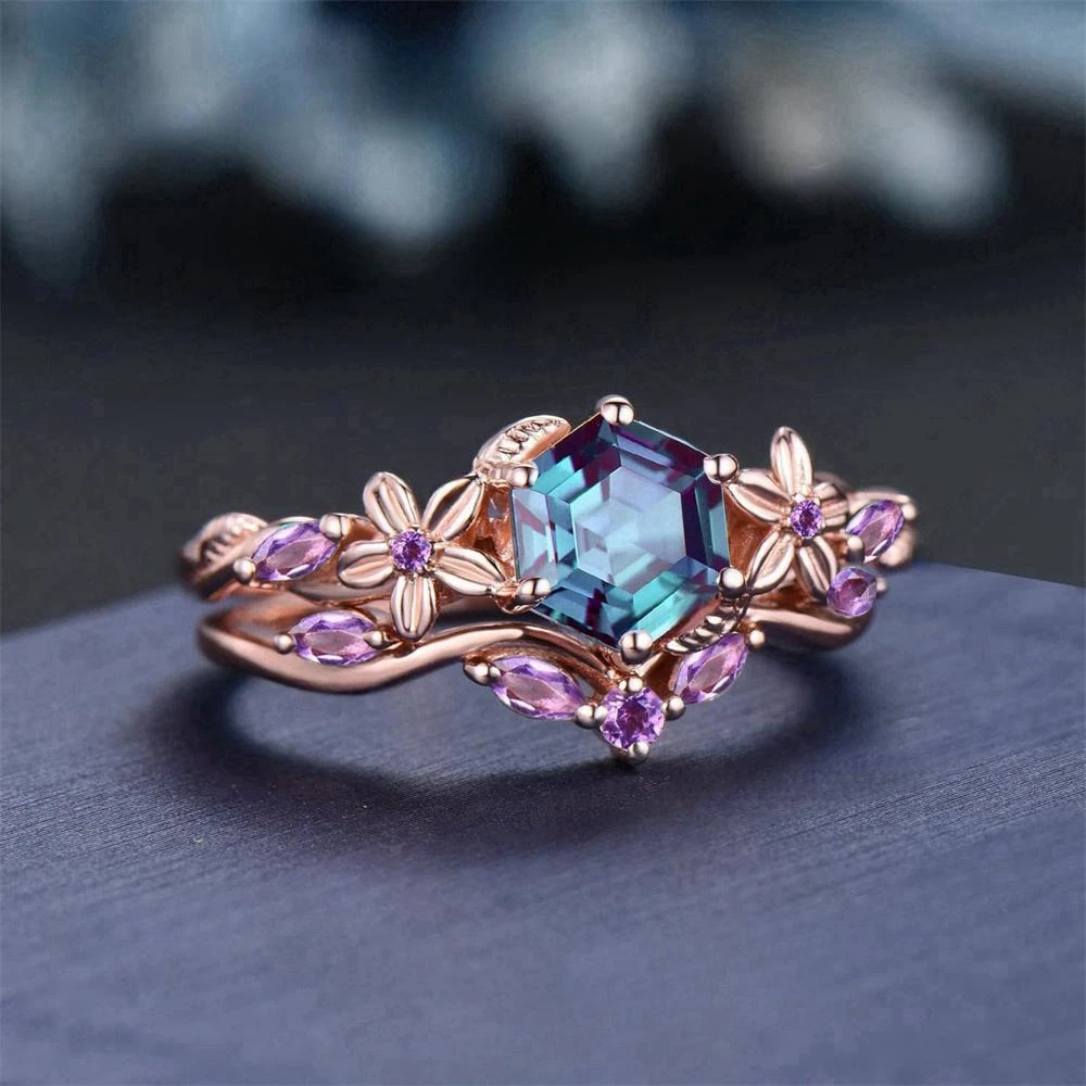 Pink Blue Crystal Flower Ring