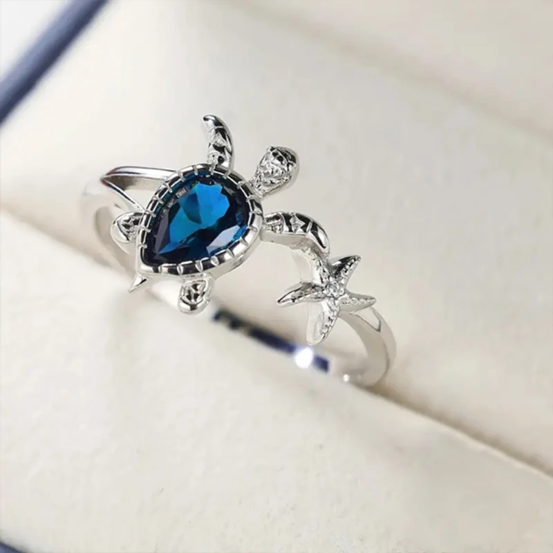 Turtle Blue Crystal Silver Ring