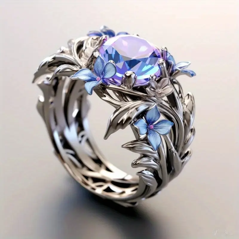 Exotic Blue Blossom Silvered Ring