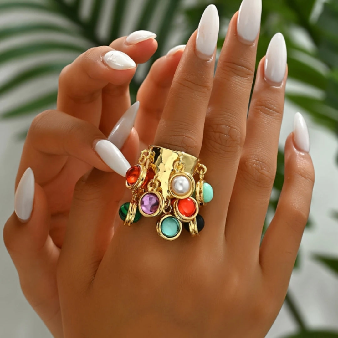 Inlaid Colorful Stones Golden Ring