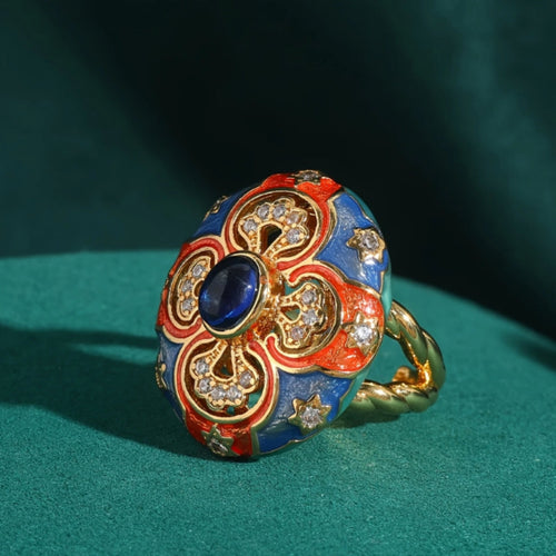 Orange Blue Crystal Enamel Gold Ring