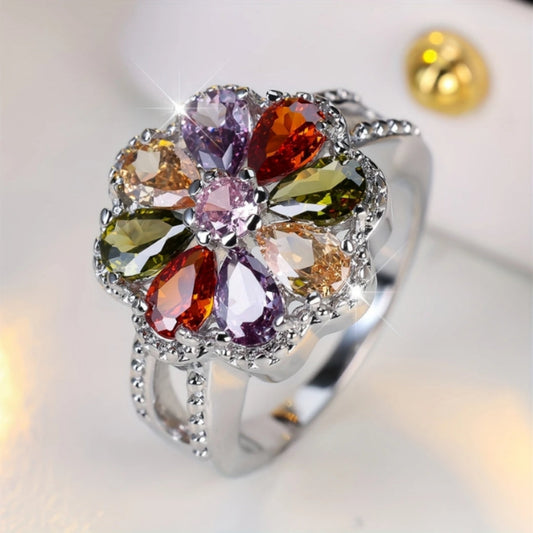 Colorful Sparkling Daisy Silver Ring