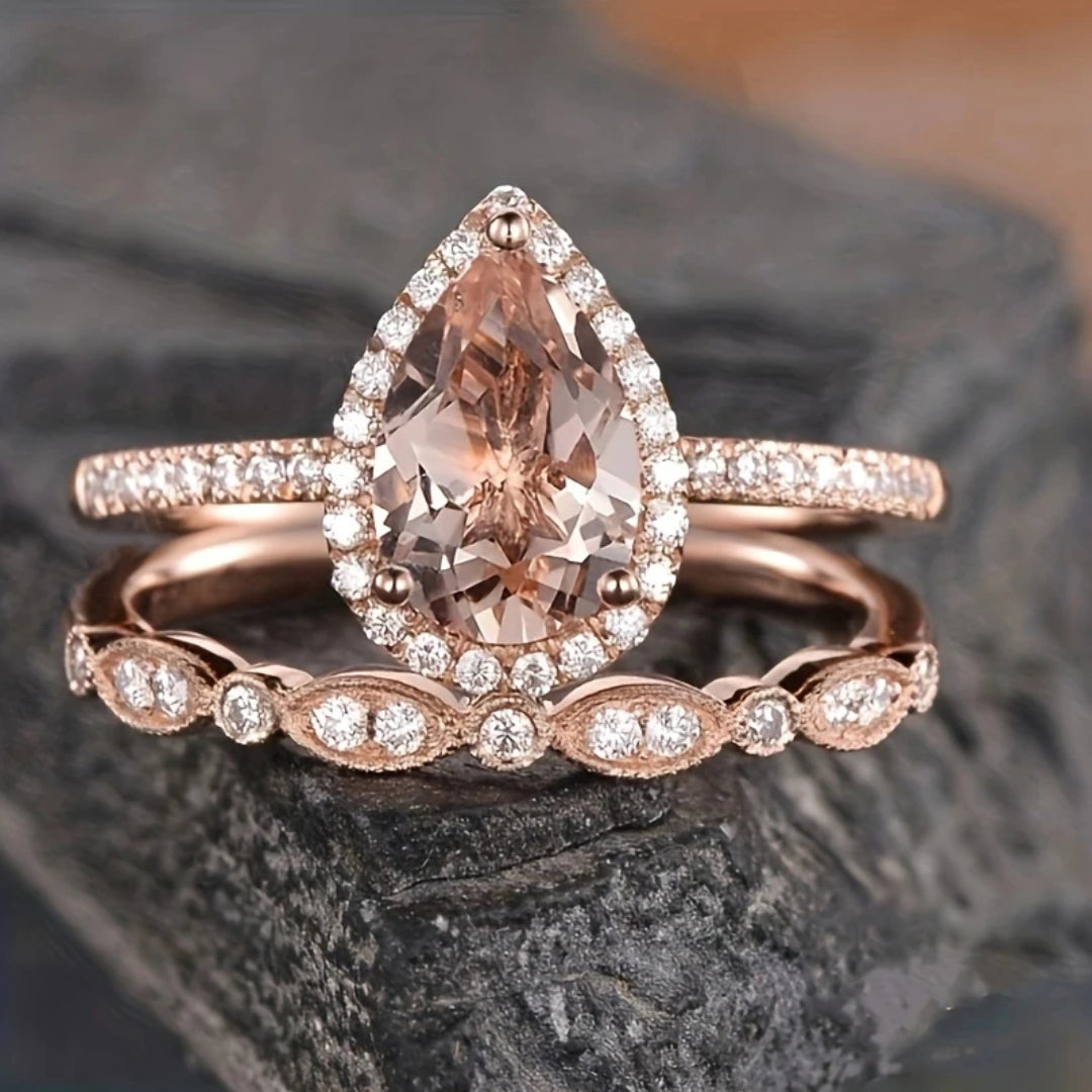 Pink Water Drop Rose Ring Set