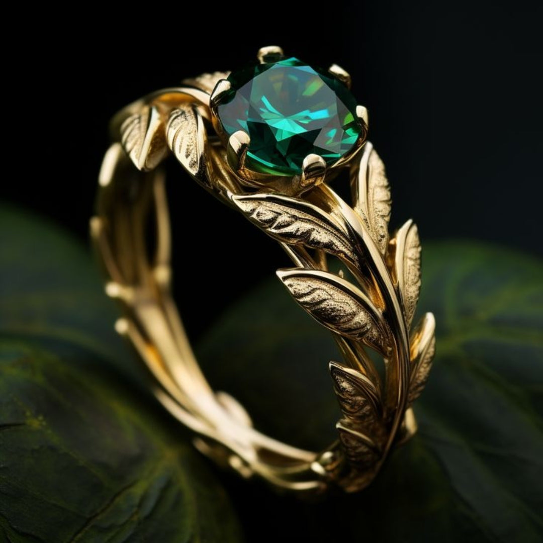Green Crystal Gold Leaf Ring