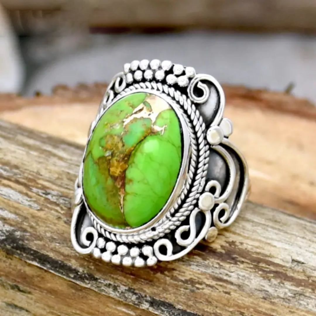 Green Rounded Stone Silver Ring