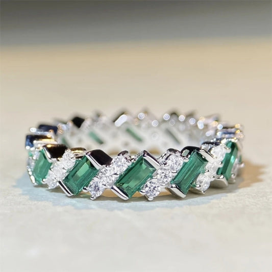 Green Inlaid Crystalline Silvered Ring