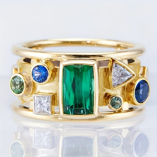 Inlaid Colorful Crystals Gold Ring