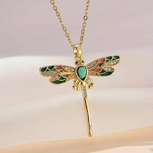 Green Dragonfly Bright Gold Necklace