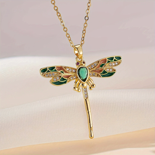 Green Dragonfly Bright Gold Necklace