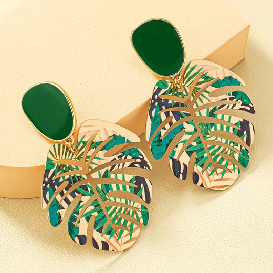 Green Jungle Gold Leaf Earrings