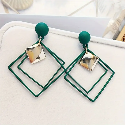 Green Hollow Square Earrings