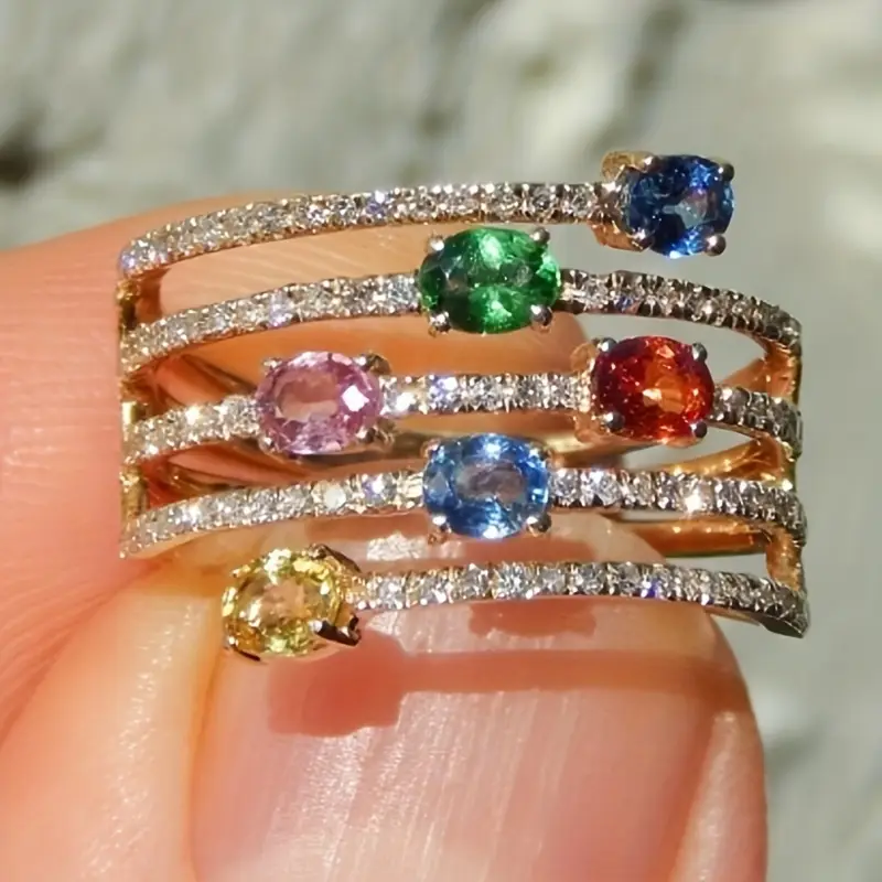 Colorful Crystal Layered Ring