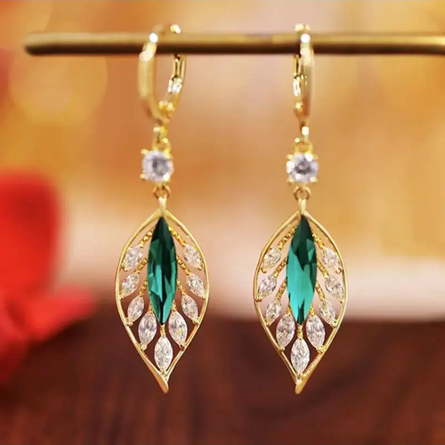 Green Leaf Zirconia Gold Earrings