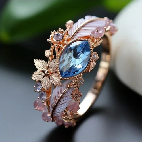 Exotic Feather Blue Crystal Ring