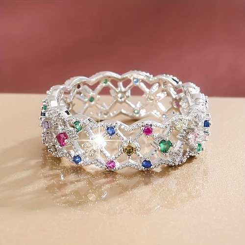 Colorful Hollow Bright Silver Ring