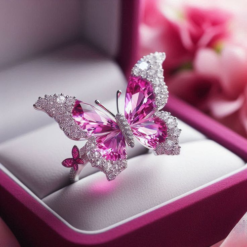 Exotic Pink Crystal Butterfly Silver Ring