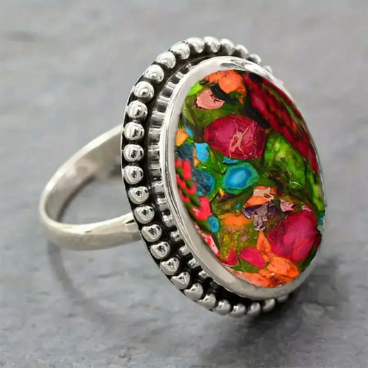 Colorful Stone Silvered Ring