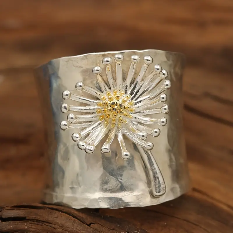 Inlaid Sunflower Silvered Ring