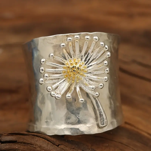 Inlaid Sunflower Silvered Ring