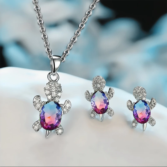 Colorful Crystal Turtle Necklace + Earrings Set