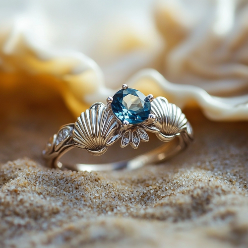 Ocean Shell Blue Crystal Silver Ring