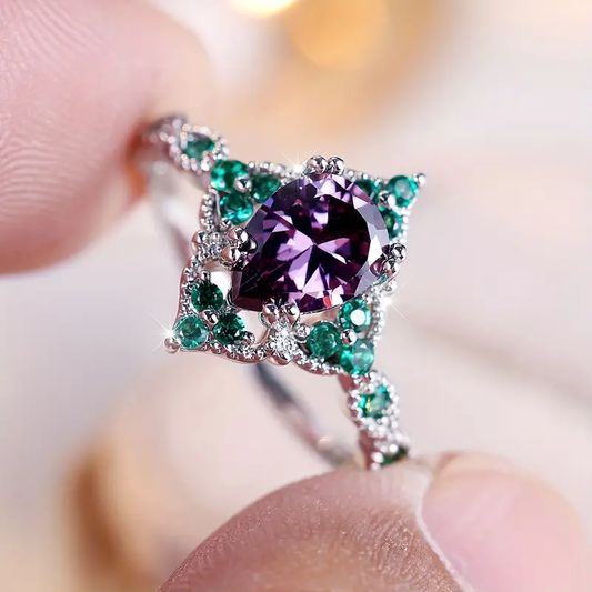 Green & Violet Round Zirconia Silver Ring