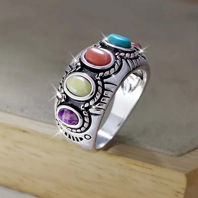 Silver Colorful Inlaid Stones Ring