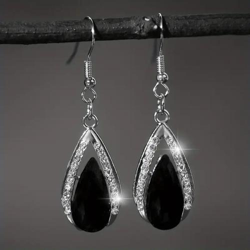 Vintage Black Drop Silver Earrings