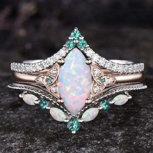 Green Crystal White Opal Crown Ring