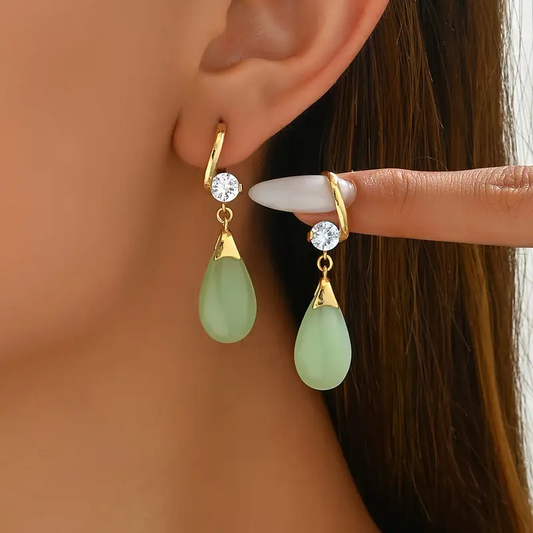 Vintage Green Waterdrop Gold Zirconia Earrings