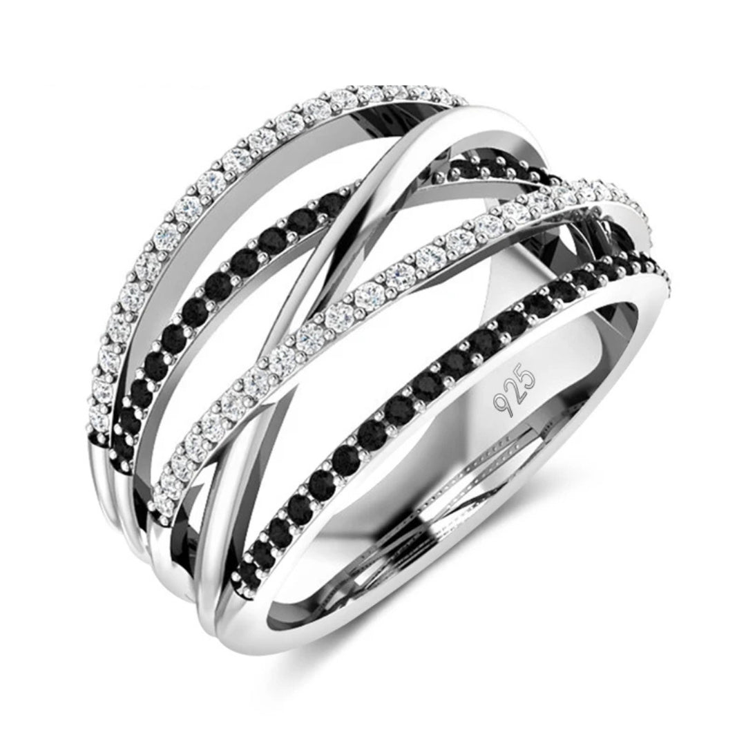 Elegant Black Crystal Layered Silver Ring