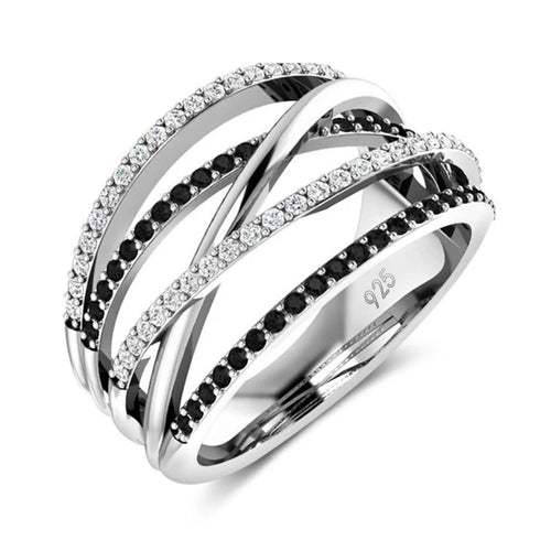 Elegant Black Crystal Layered Silver Ring