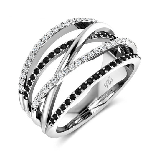 Elegant Black Crystal Layered Silver Ring