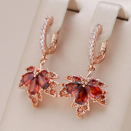 Elegant Red Leaf Crystal Earrings
